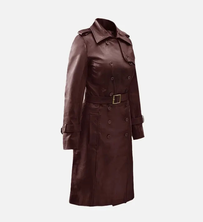 Women's Maroon Wax Leather Trench Coat