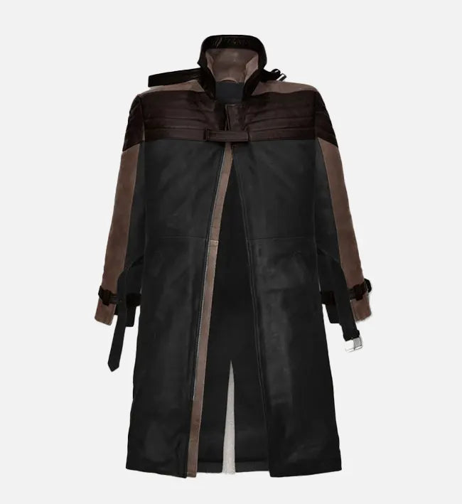 Men's Black and Brown Leather Trench Coat