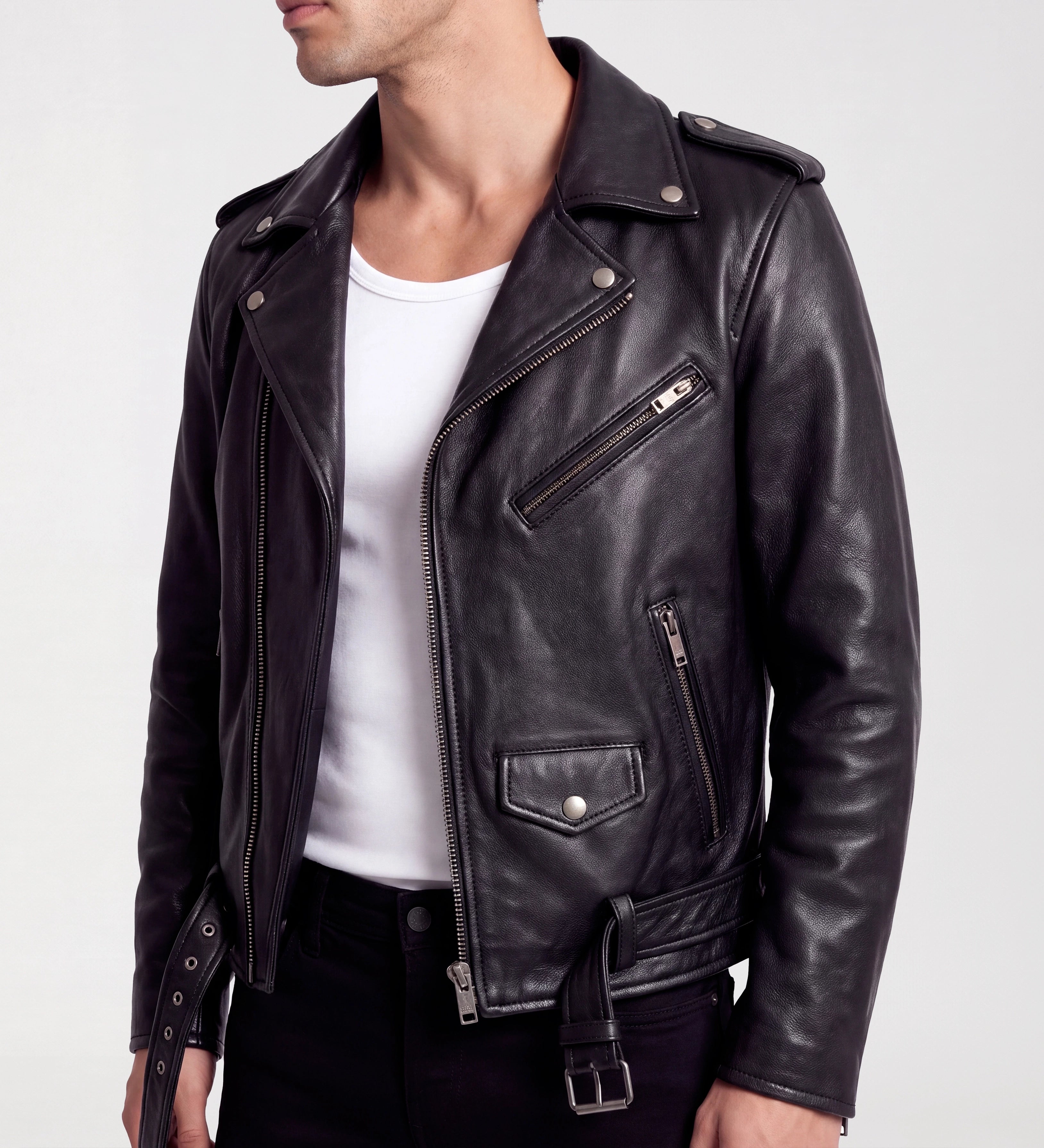 Mens Black Biker Genuine Leather Jacket