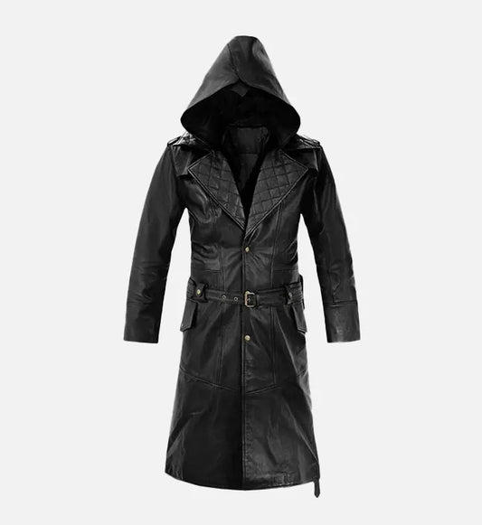 Men's Hooded Black Leather Long Coat