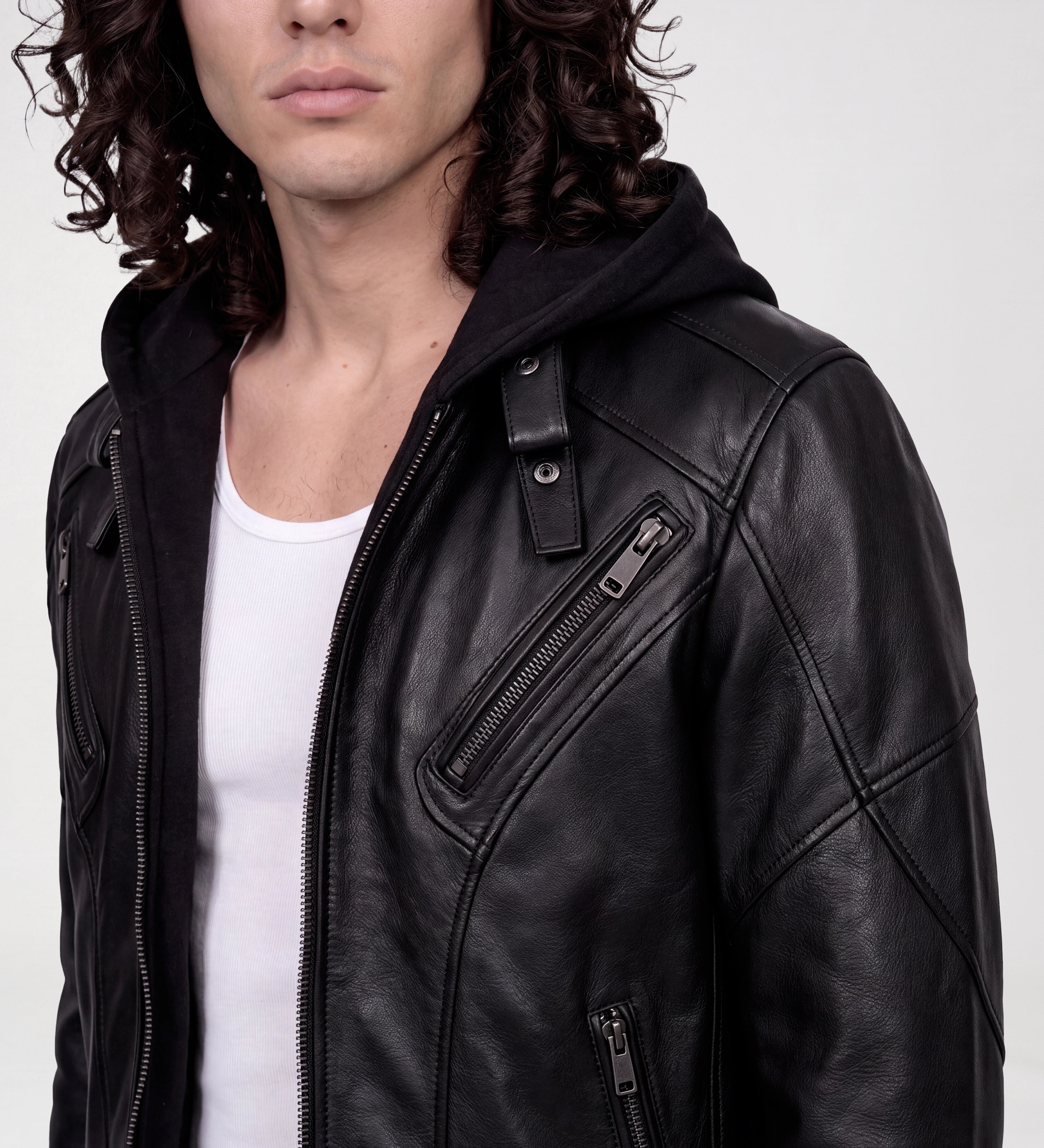 Mens Black Hooded Leather Jacket