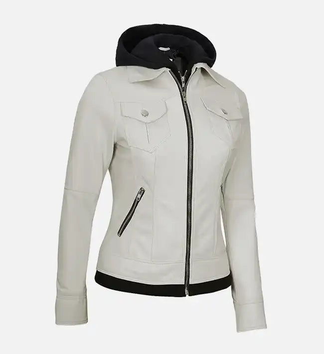 Women's Off White Leather Jacket With Hood