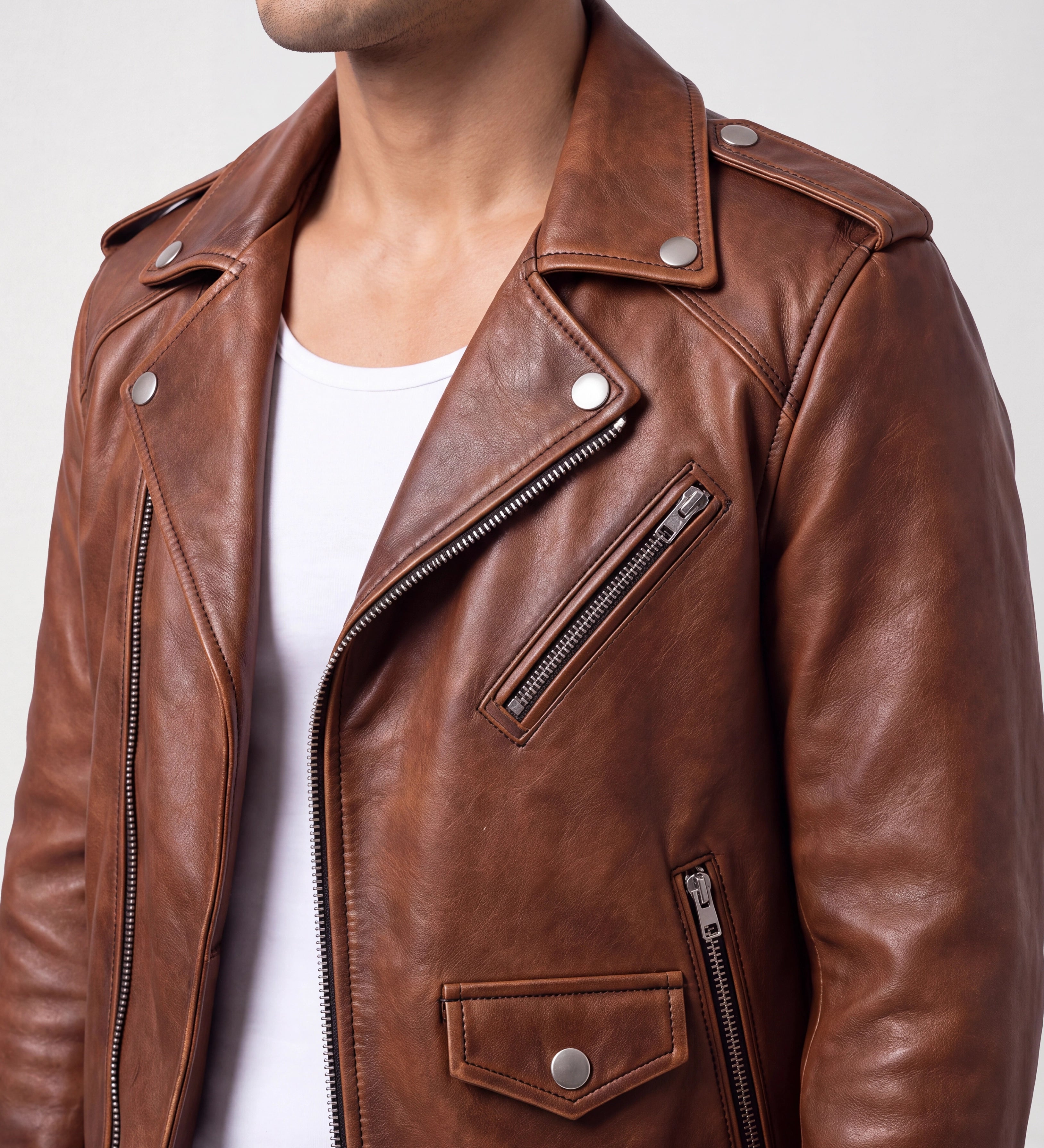 Men Vintage Biker Brown Leather Jacket