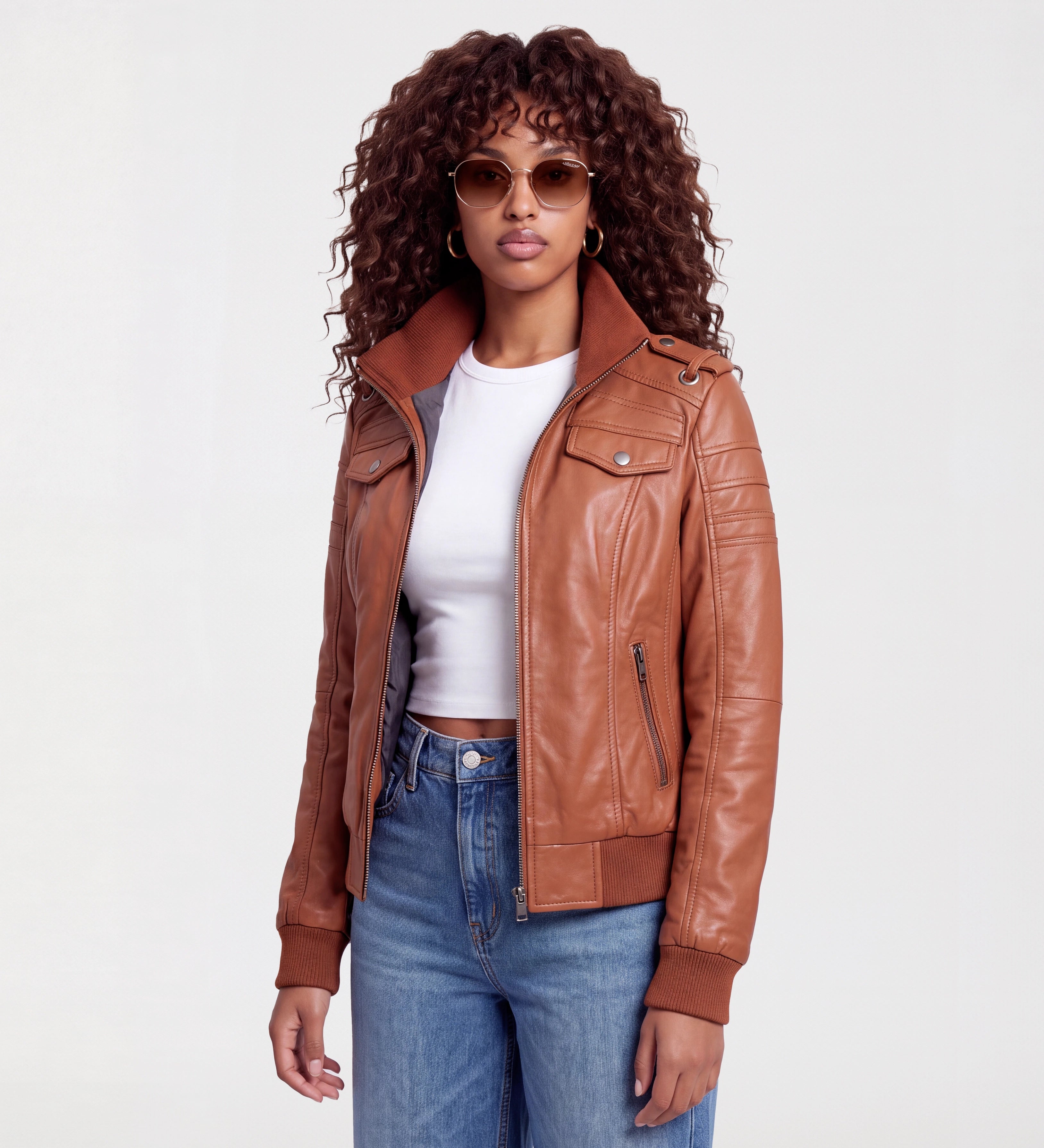 Women Brown Leather Bomber Jacket