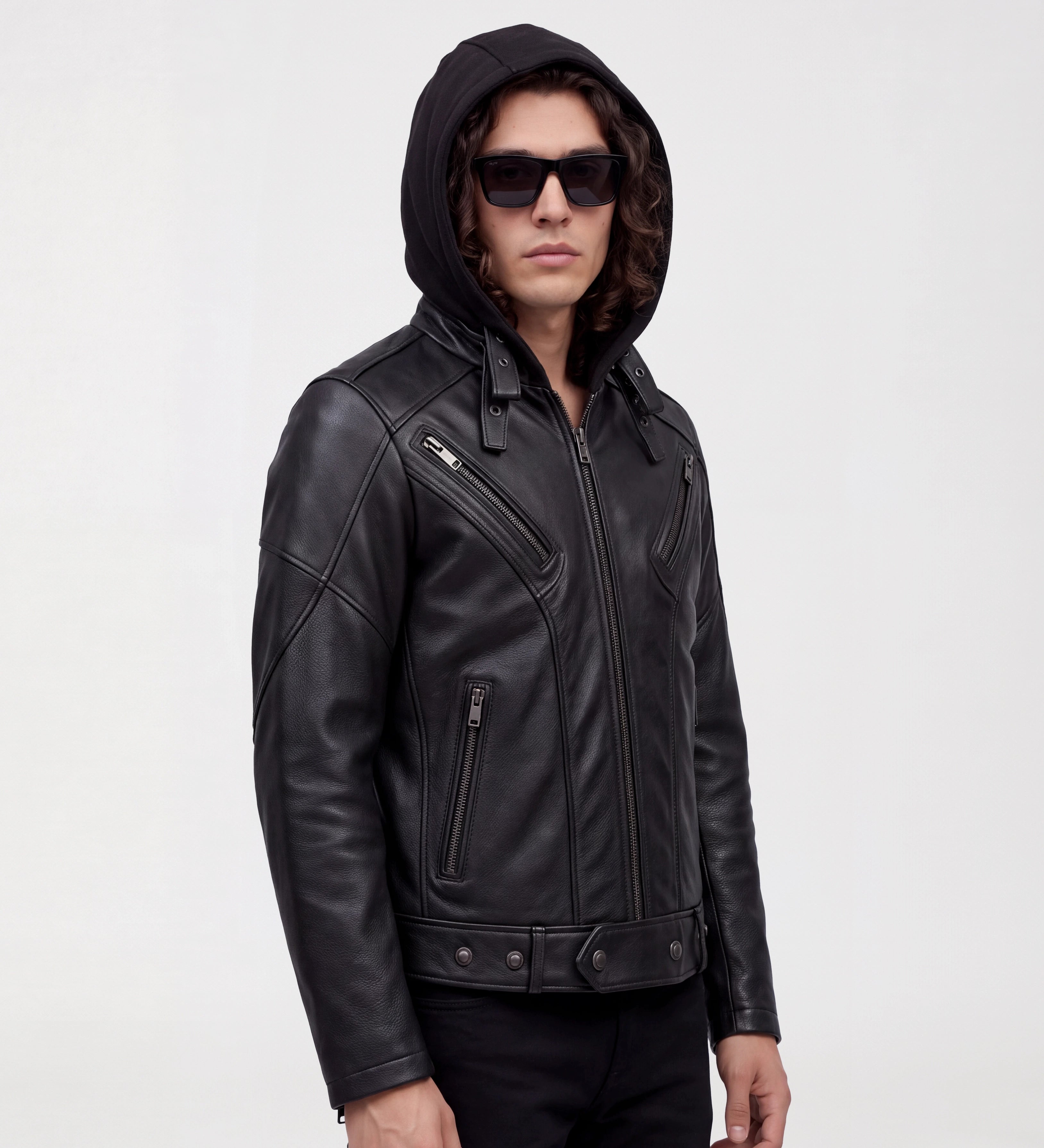 Mens Black Hooded Leather Jacket