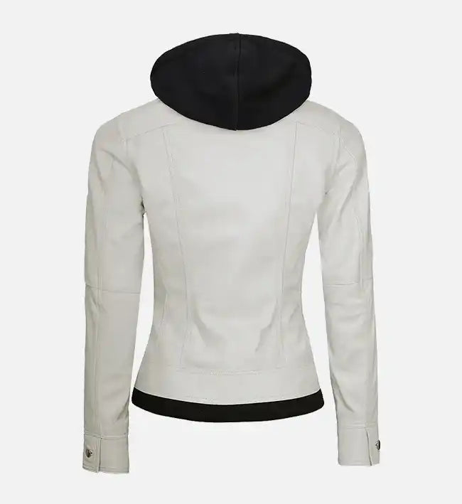 Women's Off White Leather Jacket With Hood