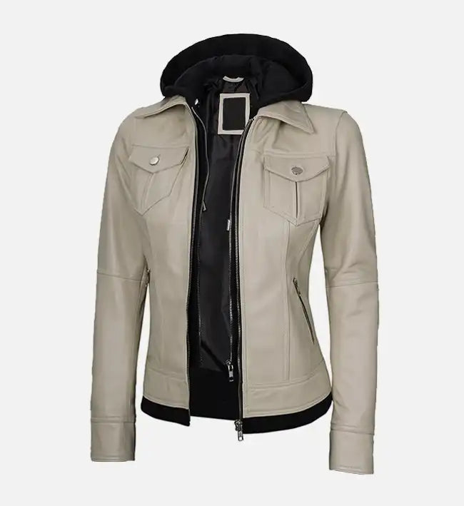 Women’s Beige Leather Jacket With Hood