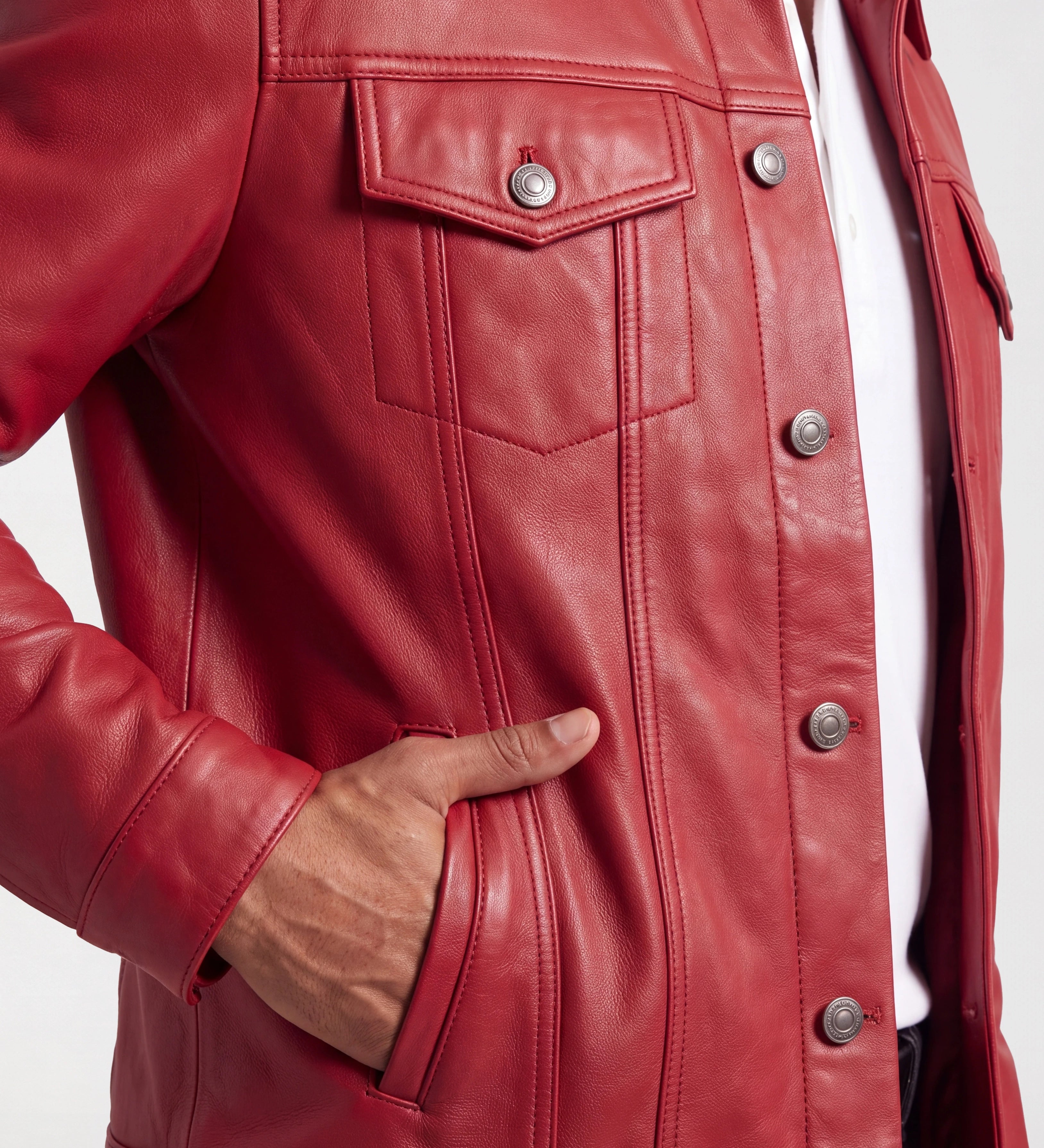 Mens Red Trucker Leather Jacket
