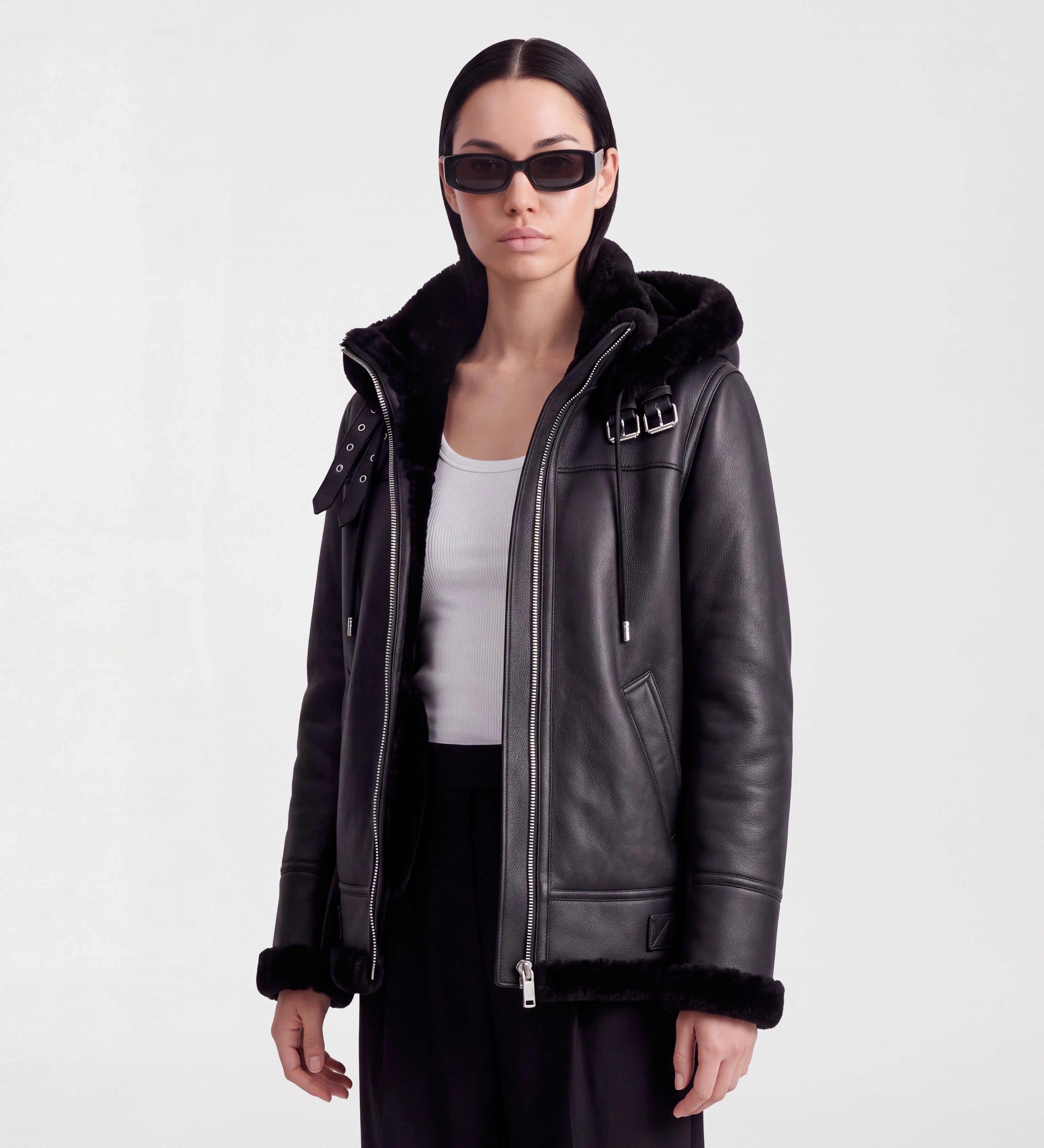 Women Black Leather Hooded Shearling Jacket