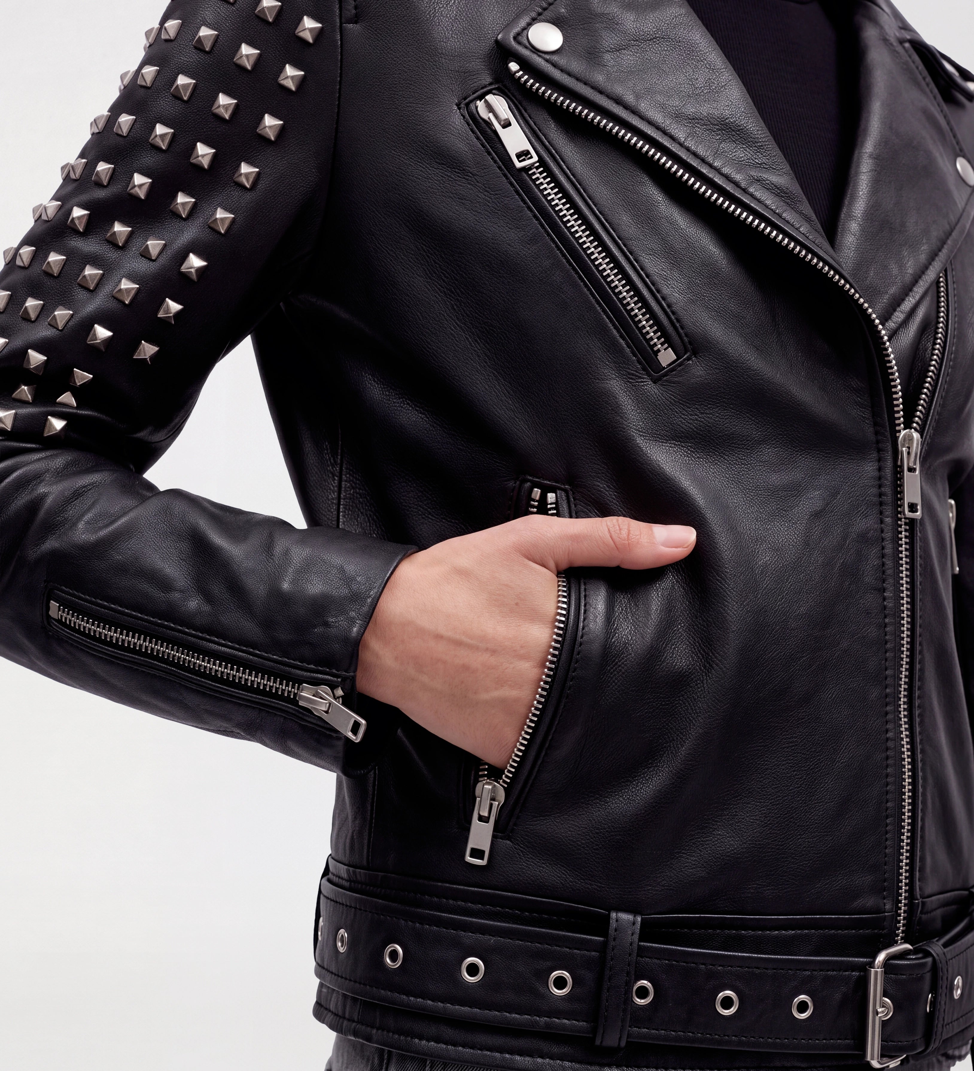 Women Stud Biker Black Leather Jacket