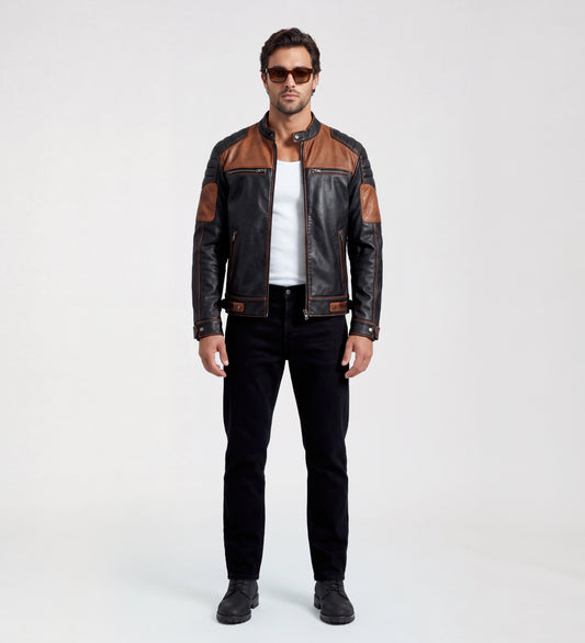 Men Black & Tan Brown Biker Leather Jacket