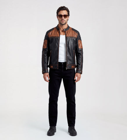 Men Black & Tan Brown Biker Leather Jacket