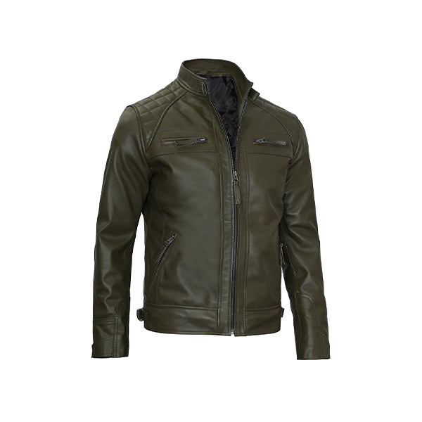 Men's Olive Green Leather Cafe Racer Jacket