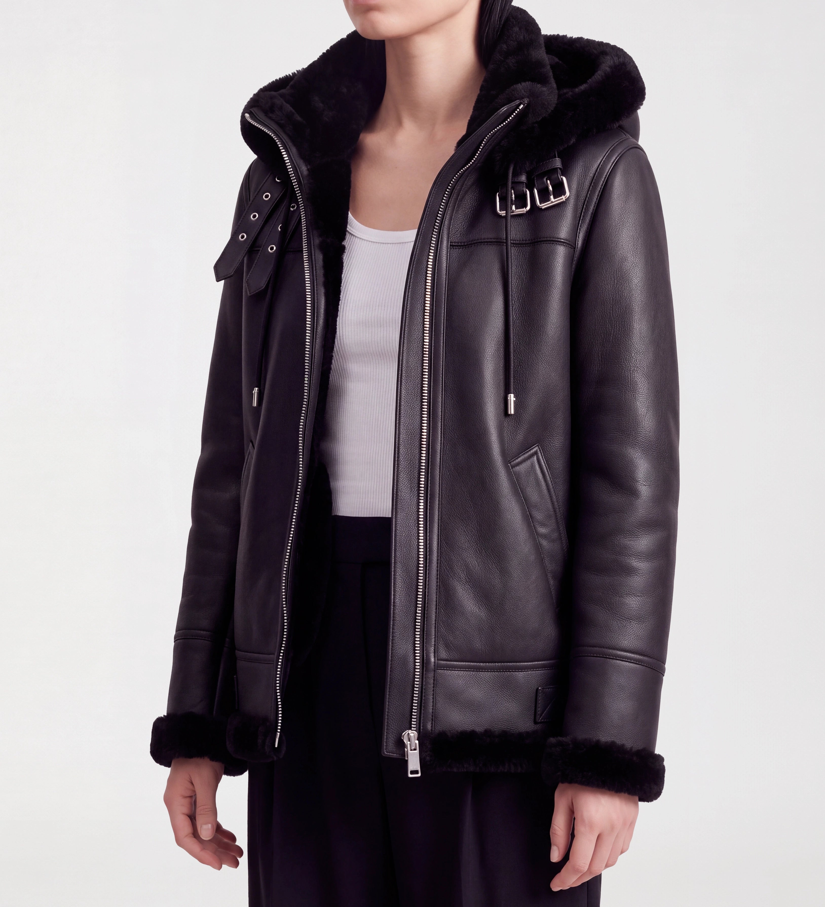 Women Black Leather Hooded Shearling Jacket