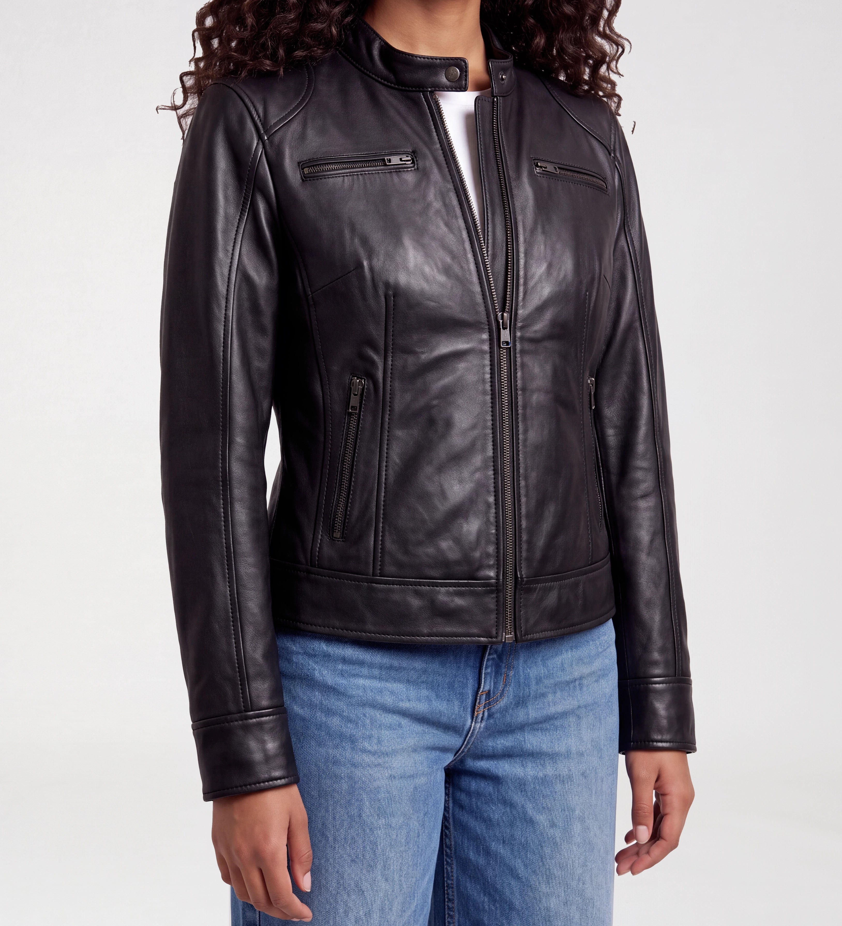 Women Black Cafe Racer Real Leather Jacket