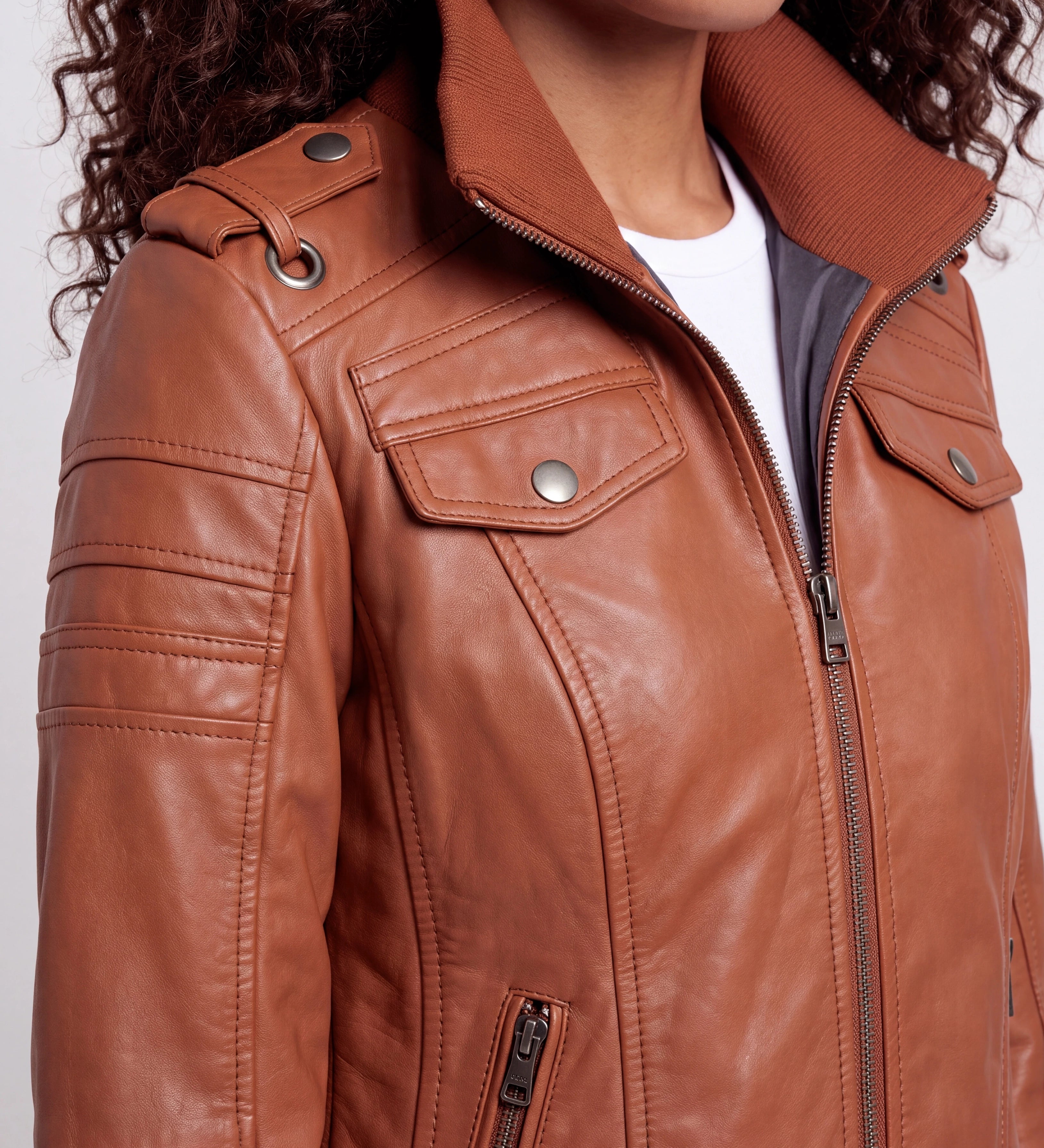 Women Brown Leather Bomber Jacket