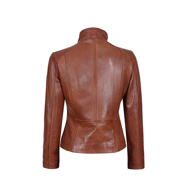 Women's Asymmetrical Tan Biker Leather Jacket - AU LeatherX