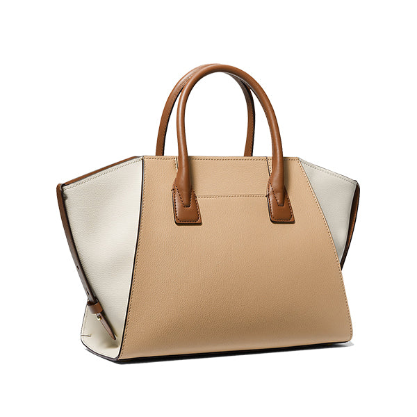 Avril Large Color-Block Pebbled Leather Top-Zip Satchel Camel Combo