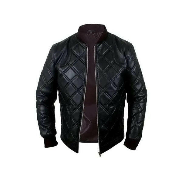 Men's Diamond Quilted Black Leather Bomber Jacket - AU LeatherX