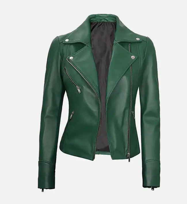 Green leather moto style jacket for women