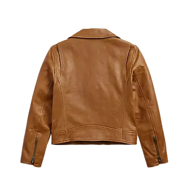 Women's Tan Brown Belted Moto Leather Jacket - AU LeatherX