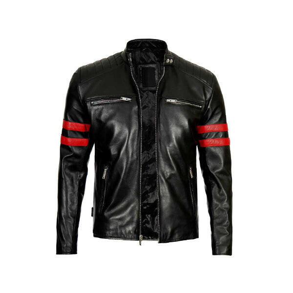 Men’s Red Stripes Black Biker Jacket - AU LeatherX