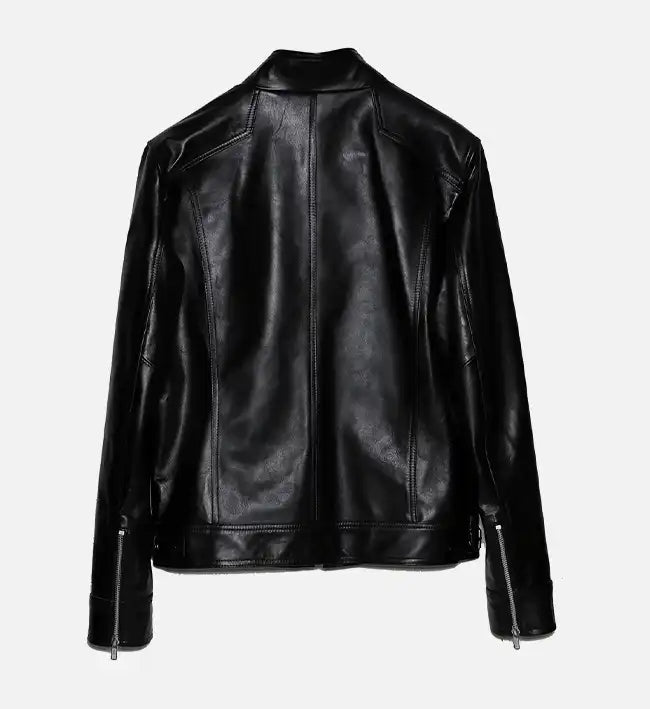 Men's Band Collar Biker Leather Jacket