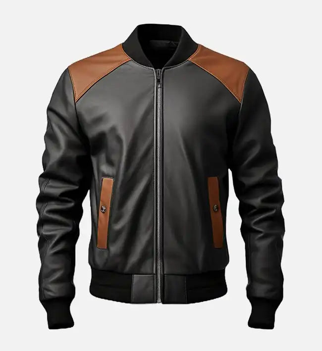 Men's Black and Brown Bomber Leather Jacket