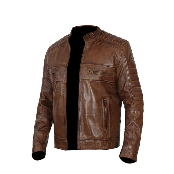 Men's Distressed Coffee Brown Cafe Racer Leather Jacket