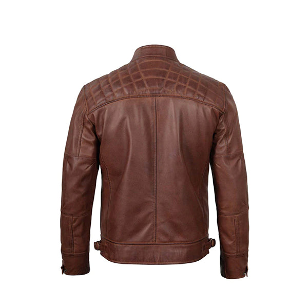 Men's Brown Cafe Racer Diamond Quilted Leather Jacket - AU LeatherX