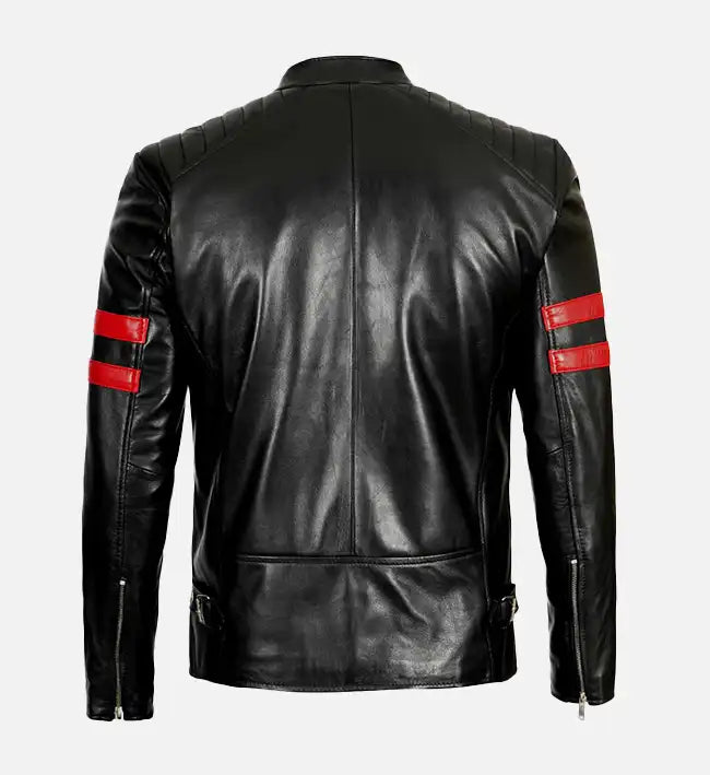 Men’s Red Stripes Black Biker Jacket
