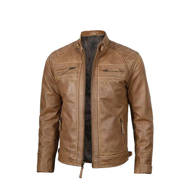 Men's Cafe Racer Camel Brown Leather Jacket - AU LeatherX