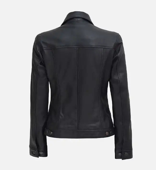 Women Black Leather Trucker Jacket