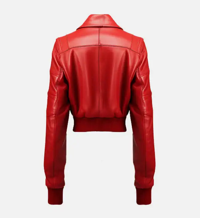 Women bomber red leather jacket