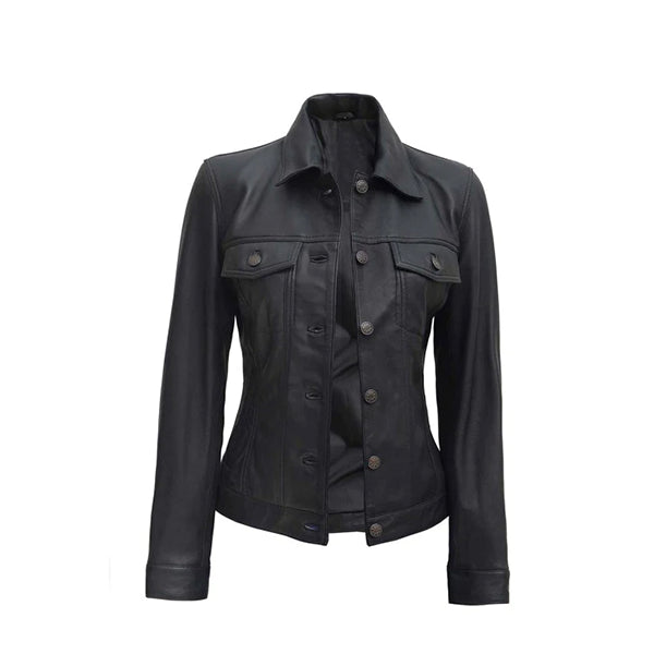 Women Black Leather Trucker Jacket - AU LeatherX