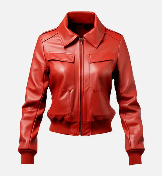 Womens Red Leather Jacket Bomber Style