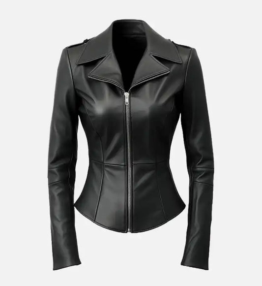 womens leather black asymmetrical jacket
