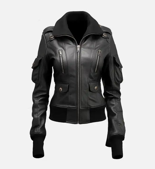 Womens black leather bomber jacket