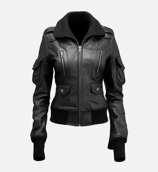 Womens-black-leather-bomber-