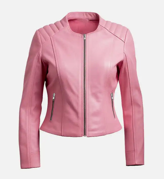 Womens pink biker leather jacket