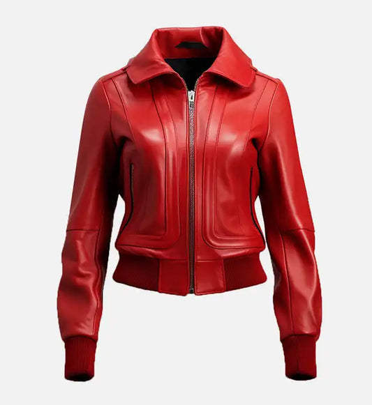 Womens red bomber leather jacket