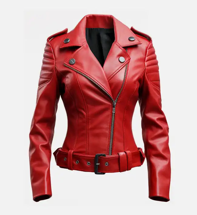 Red Jacket Female Women's Slim Fit Red Biker Leather Jacket - AU LeatherX