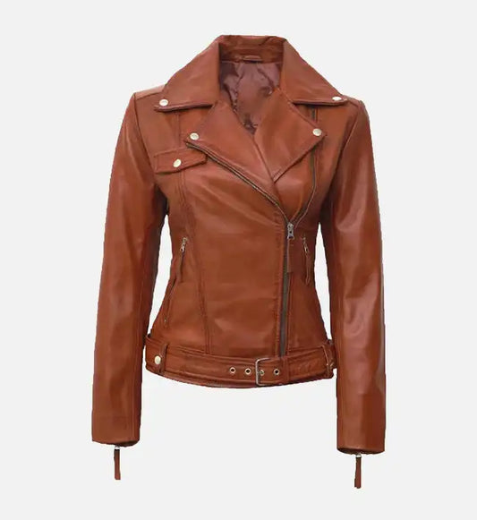 Womens tan leather cafe racer jacket
