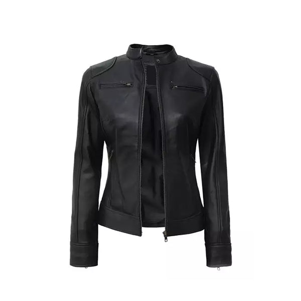 Women's Black Cafe Racer Real Leather Jacket - AU LeatherX