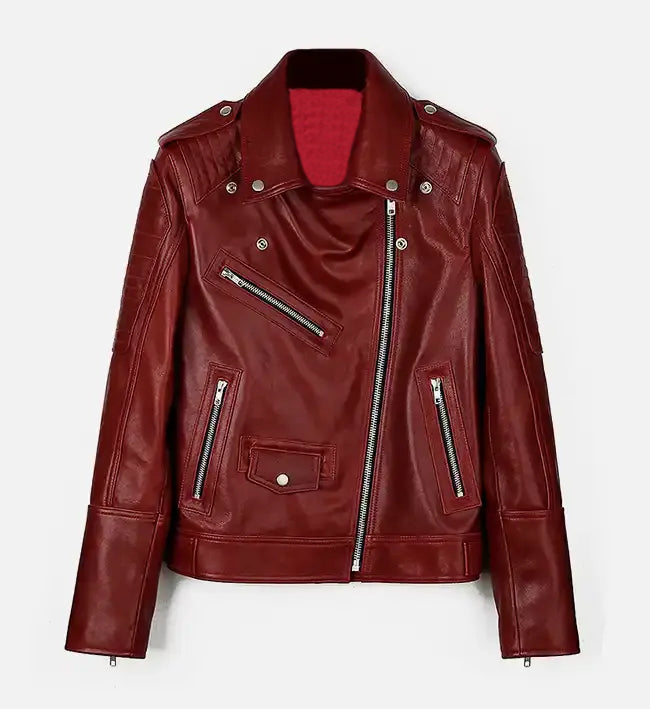 Womens red runway biker leather jacket