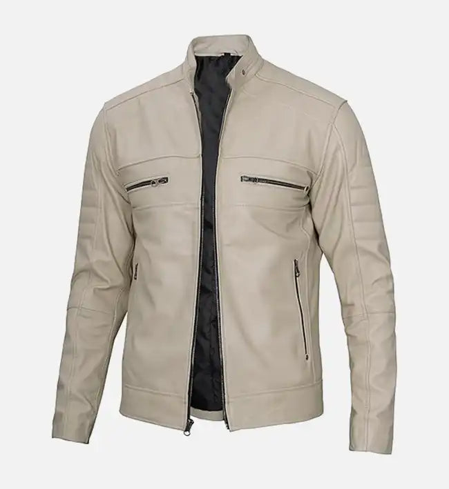 Men's Beige Cafe Racer Leather Jacket