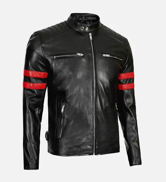 black biker jacket with red stripes for men