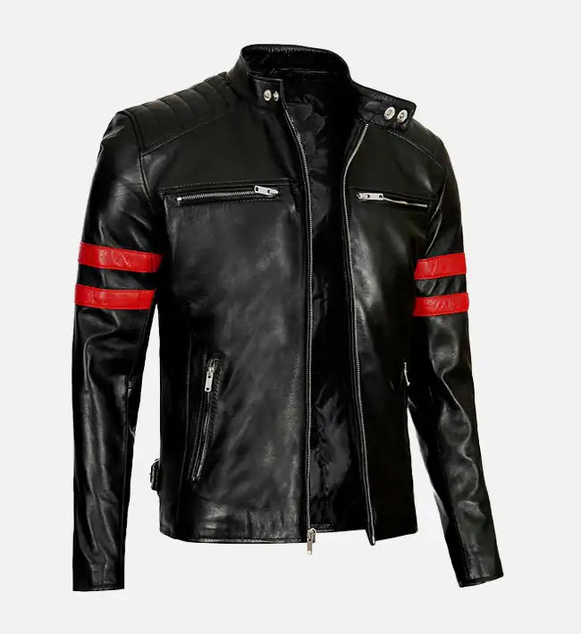 Men’s Red Stripes Black Biker Jacket