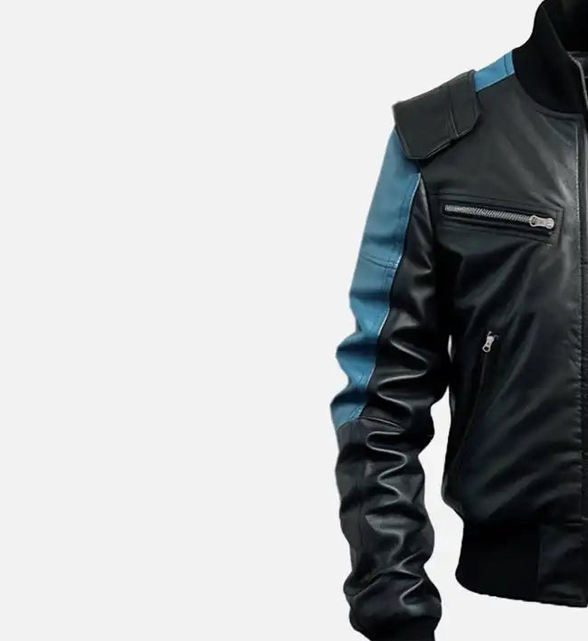 Men's Black & Blue Bomber Leather Jacket