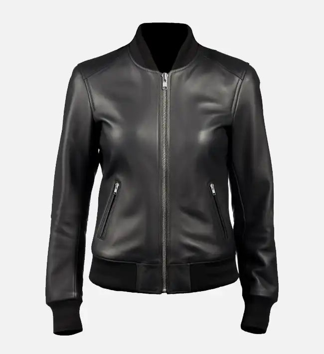 Black Leather Bomber Jacket For Women